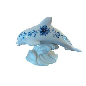 Lenox Porcelain Figurine, Dolphin Jumping Wave, Blue Floral Ribbon Design